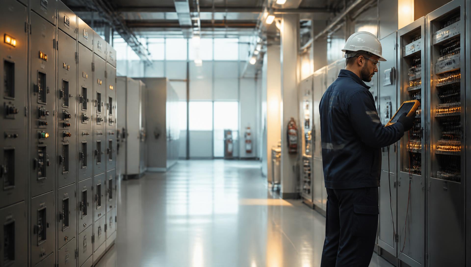 Engenheiro a realizar medições num quadro elétrico industrial